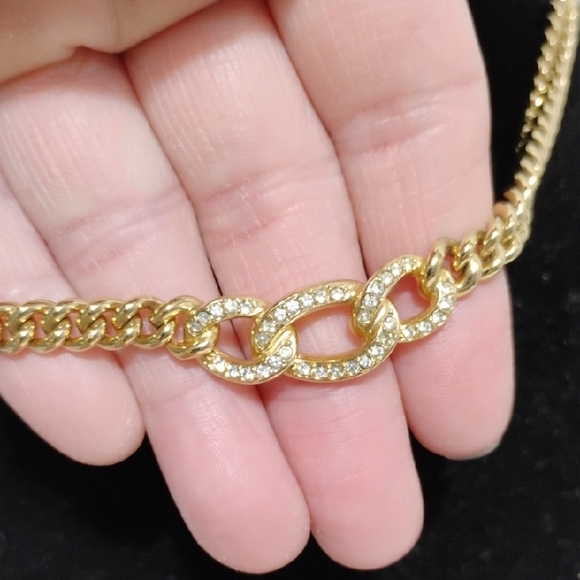 SALE! Auth Christian Dior Gold Rhinestone Choker Necklace Chunky Curb Chain/Box - Picture 7 of 11